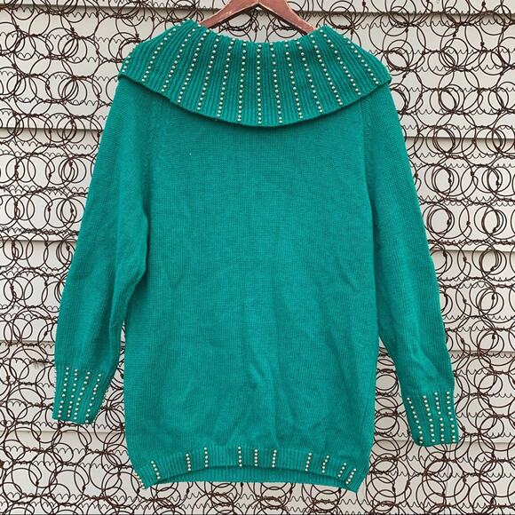 Vintage 90s teal gold art deco beaded cowl neck tunic sweater MEDIUM - Picture 2 of 9